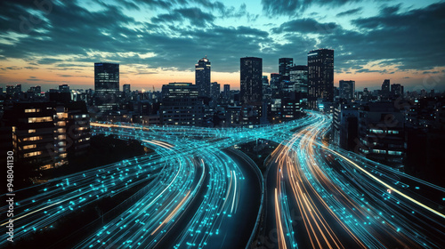 Smart city concept illustrated by light trails forming data streams in a city at dusk