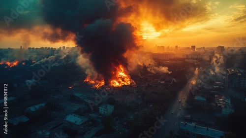 photo of a large fire in the suburbs. a lot of smoke top view.