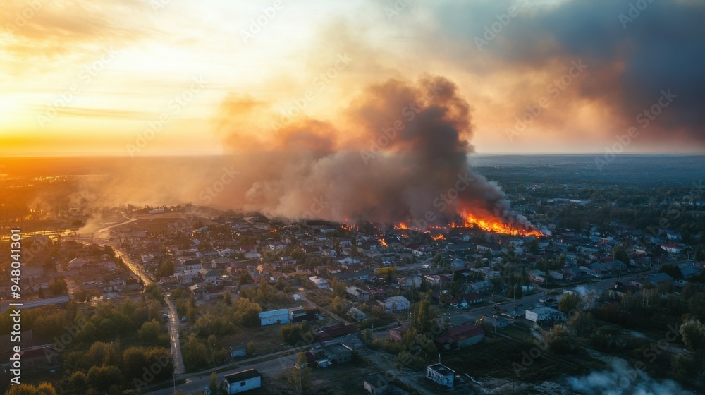 Fototapeta premium photo of a large fire in the suburbs. a lot of smoke top view.