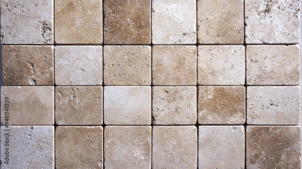 Naklejka premium Textured beige and cream tiles arranged in a grid pattern, ideal for home renovation projects