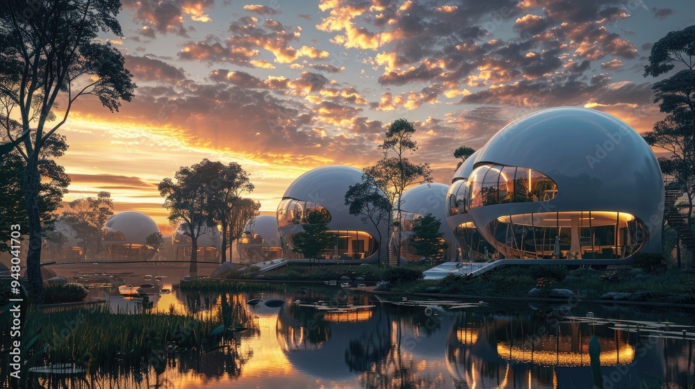 Obraz premium futuristic bubble like buildings by a pond at sunset