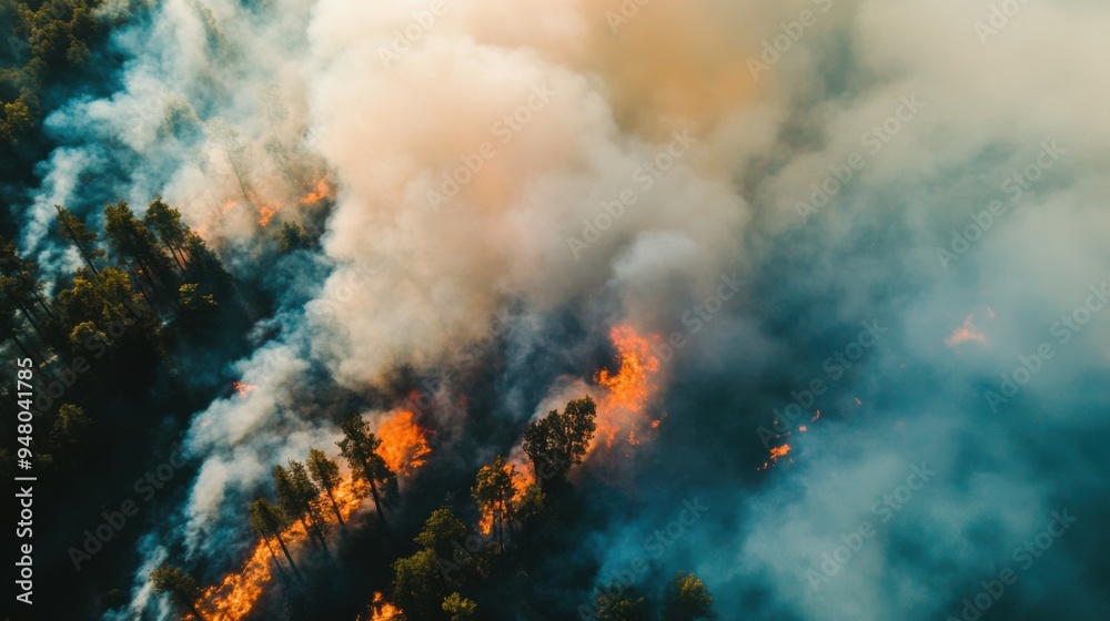 incredible photo of the forest after a big forest fire. black burnt trees. top view.