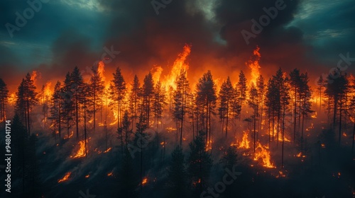 incredible photo of the forest after a big forest fire. black burnt trees. top view.