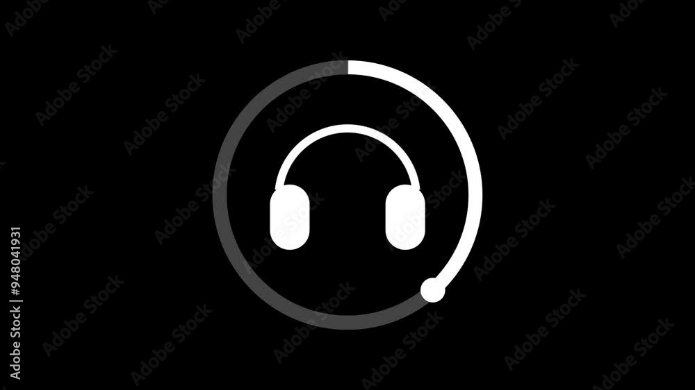 Headphones icon in circle isolated on black background. Music video elements
