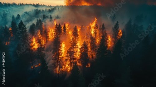 incredible photo of the forest after a big forest fire. black burnt trees. top view.