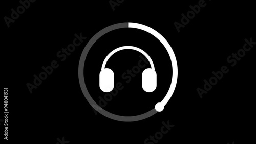 Headphones icon in circle isolated on black background. Music video elements