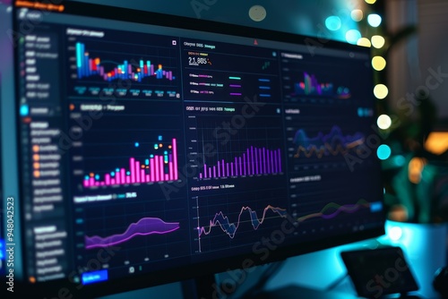 Computer screen displaying various stock market charts with colorful lines and bars indicating positive growth