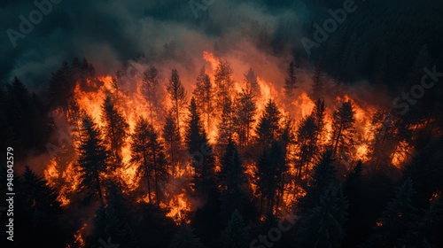 incredible photo of the forest after a big forest fire. black burnt trees. top view.