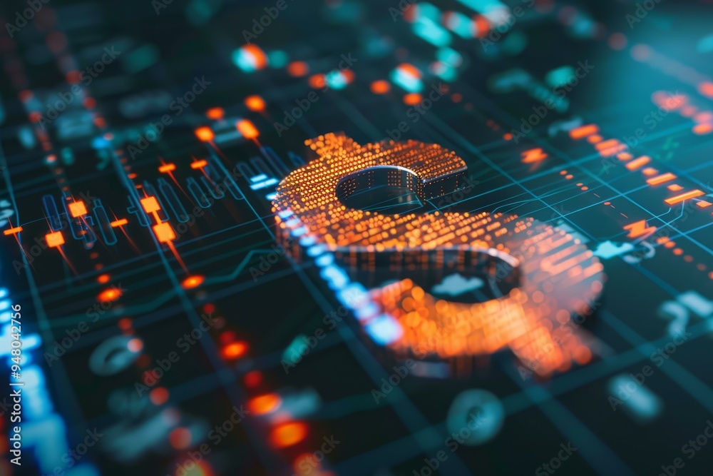 Fototapeta premium Glowing dollar sign made of binary code is appearing on a digital circuit board