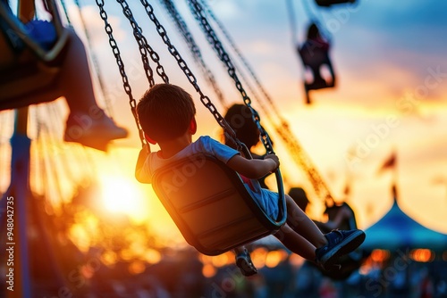 A vibrant photo showing children enjoying a swing ride at an amusement park with the sun setting in the background, underlining the joyous and carefree spirit of youth.