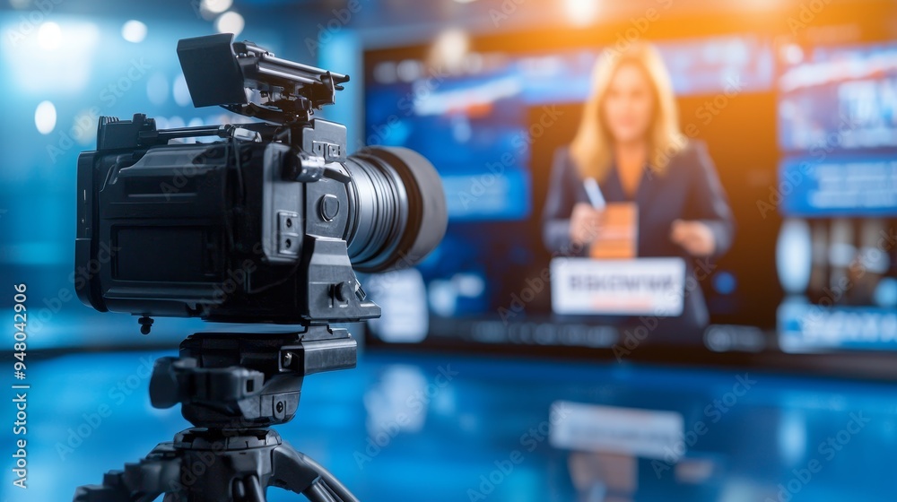 A live news broadcast on TV, showing a news anchor reading from a teleprompter with breaking news graphics A live news broadcast on TV, showing a news anchor reading from a teleprompter with breaking news graphics