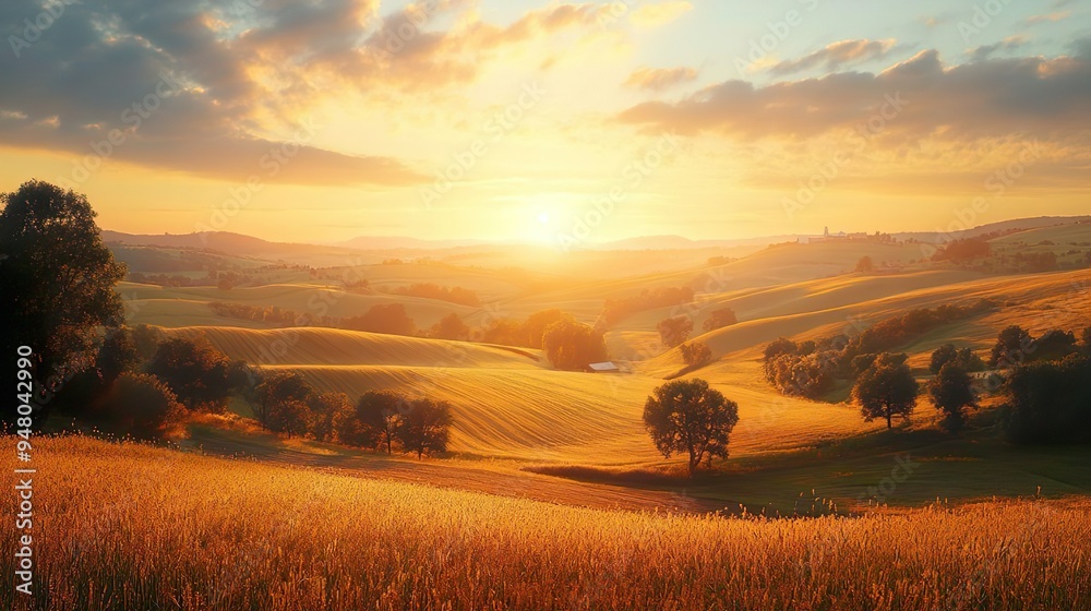 Fototapeta premium Beautiful Golden Hour Landscapes Showcasing Sunlit Fields and Soft Warm Hues for Scenic Appeal