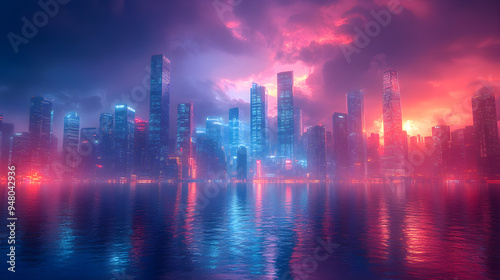 Futuristic Cityscape with Neon Lights Reflecting on Water at Twilight.