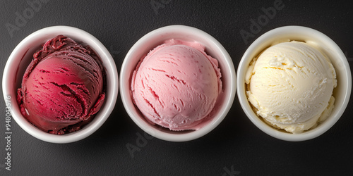 Ice cream Top view chocolate, vanilla, strawberry in different white bowls flat background, delicuous flavors.  photo