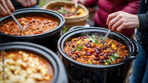 Friends having a potluck with crockpots of soup and chili