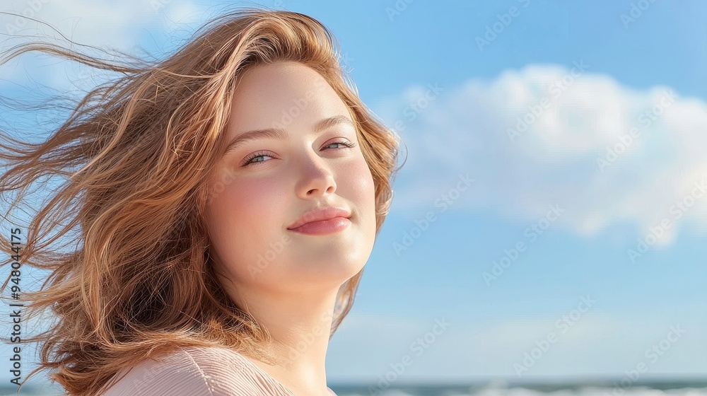 A beautiful plus-size woman enjoying a day at the beach, her hair flowing in the breeze as she stands by the water, copy space A beautiful plus-size woman enjoying a day at the beach, her hair flowing in the breeze as she stands by the water, copy space