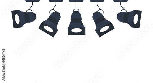 A row of lights are hanging from the ceiling. The lights are blue and white