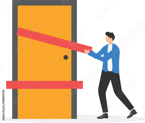 a man in a business suit puts a block on the door,

