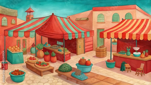 A bustling marketplace with colorful tents, fresh produce, and terracotta buildings photo