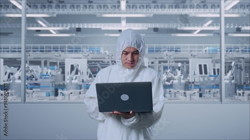 Asian Male Scientist Typing On A Laptop And Smiling In Modern Lab Factory with Automated Robots photo