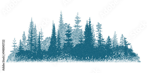 The forest in the fog, imitation of a pencil drawing, vector sketch, isolated on a white background