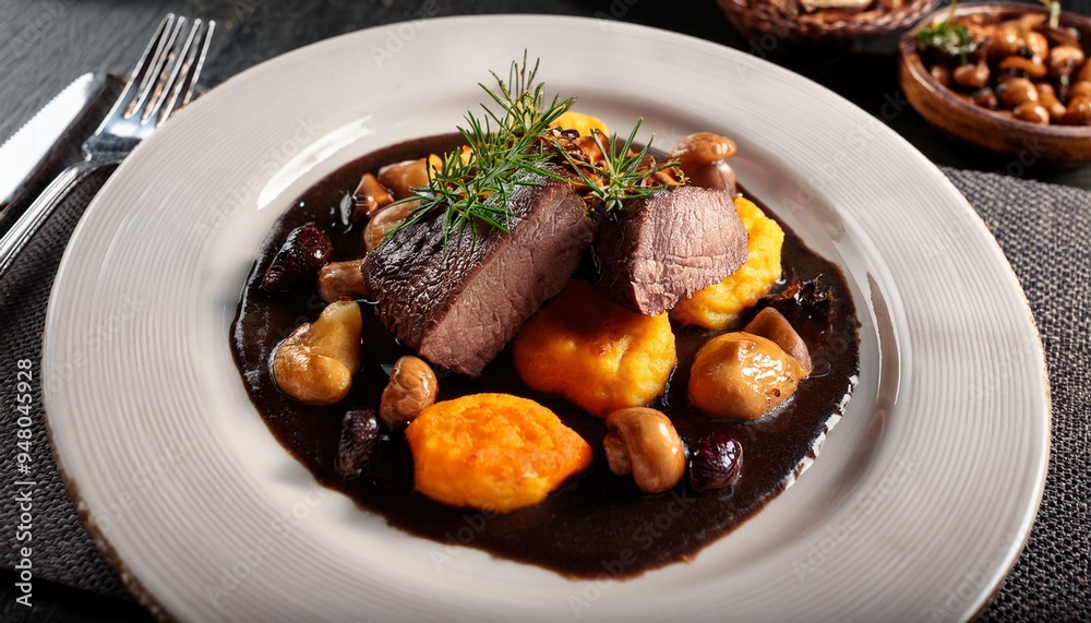 Wild boar fillet with juniper berry jus, accompanied by pumpkin gnocchi and fried chanterelles