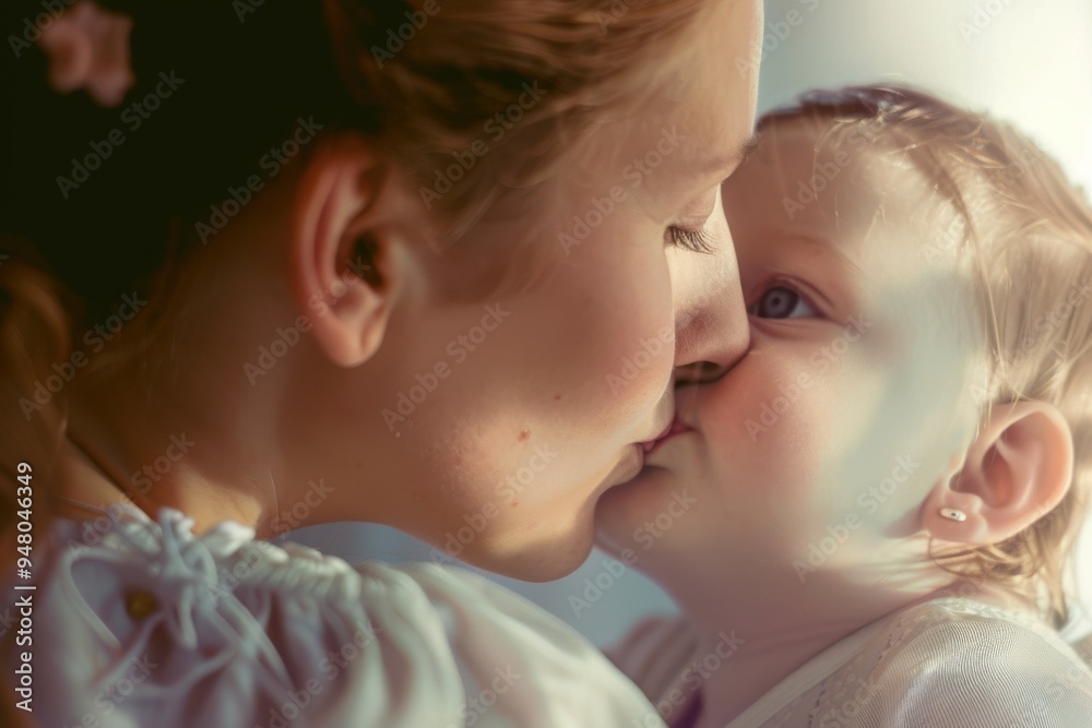 happy mother kissing her thoughtful looking baby girl. happy mother kissing her thoughtful looking baby girl.