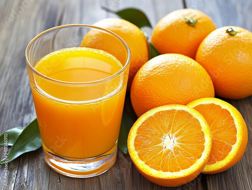  Orange Juice in Glass Beside Whole and Oranges.