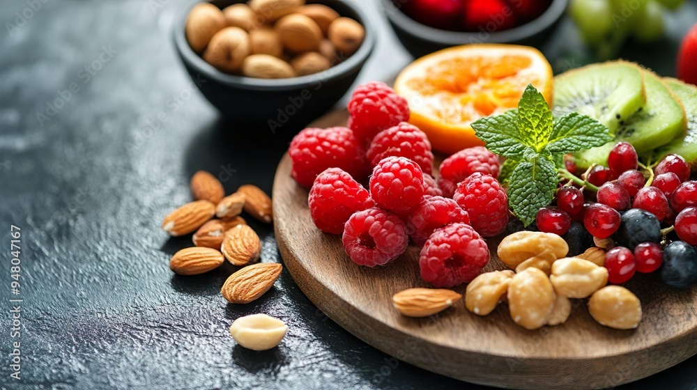 Vibrant Snack Photography with Fresh Fruits Crunchy Nuts and Wholesome Ingredients for a Healthy Bite Vibrant Snack Photography with Fresh Fruits Crunchy Nuts and Wholesome Ingredients for a Healthy Bite