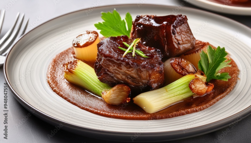 Caramelized pork cheeks with a hint of cinnamon, on celery-apple puree and red wine shallots Caramelized pork cheeks with a hint of cinnamon, on celery-apple puree and red wine shallots