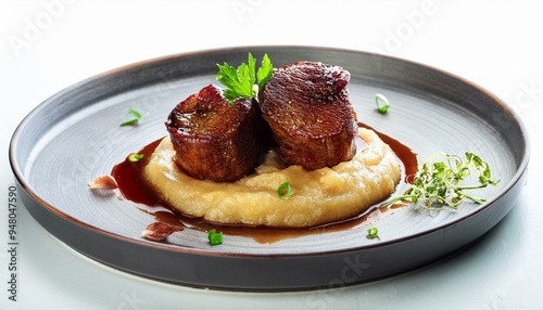 Caramelized pork cheeks with a hint of cinnamon, on celery-apple puree and red wine shallots