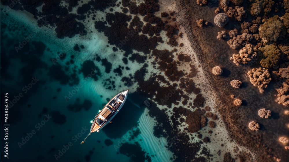 Aerial view of a sailboat anchored near the lush shoreline in clear blue waters during midday Aerial view of a sailboat anchored near the lush shoreline in clear blue waters during midday