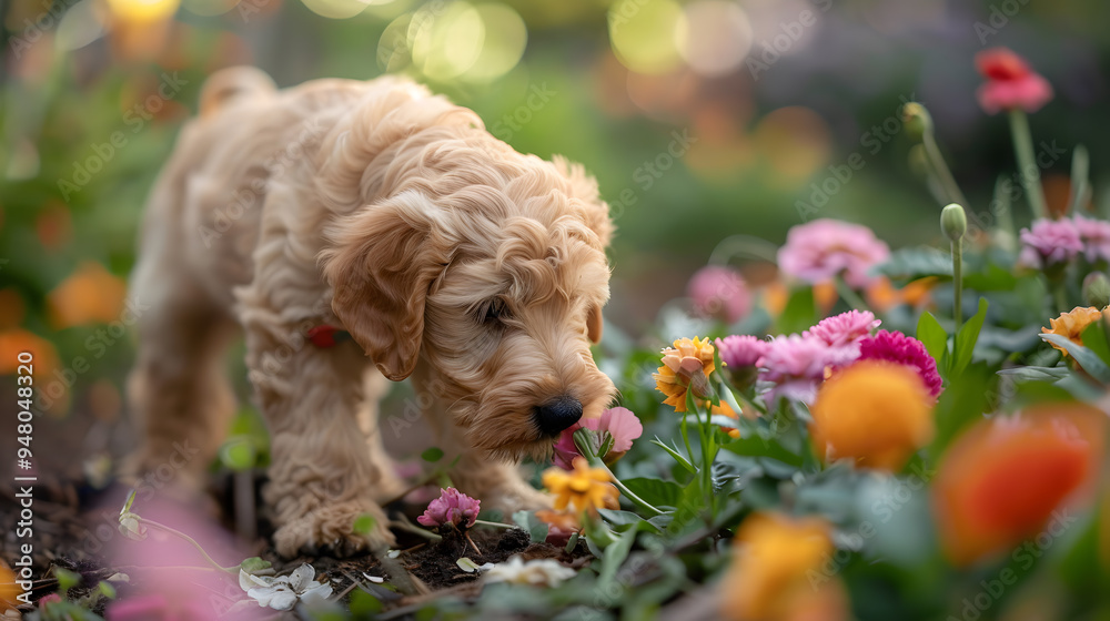 A Goldendoodle puppy exploring a flower garden, sniffing at the blooms with its nose buried in petals, its curious nature fully on display