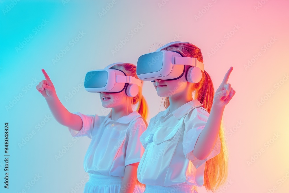 Kid wear VR headset for leaning playing studing Kid wear VR headset for leaning playing studing