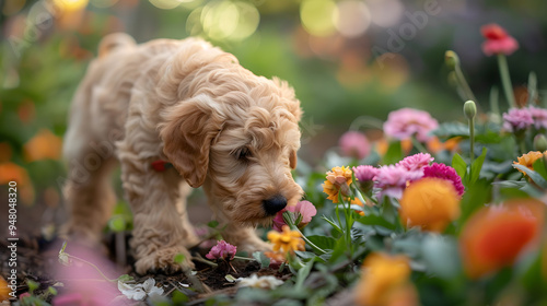 A Goldendoodle puppy exploring a flower garden, sniffing at the blooms with its nose buried in petals, its curious nature fully on display