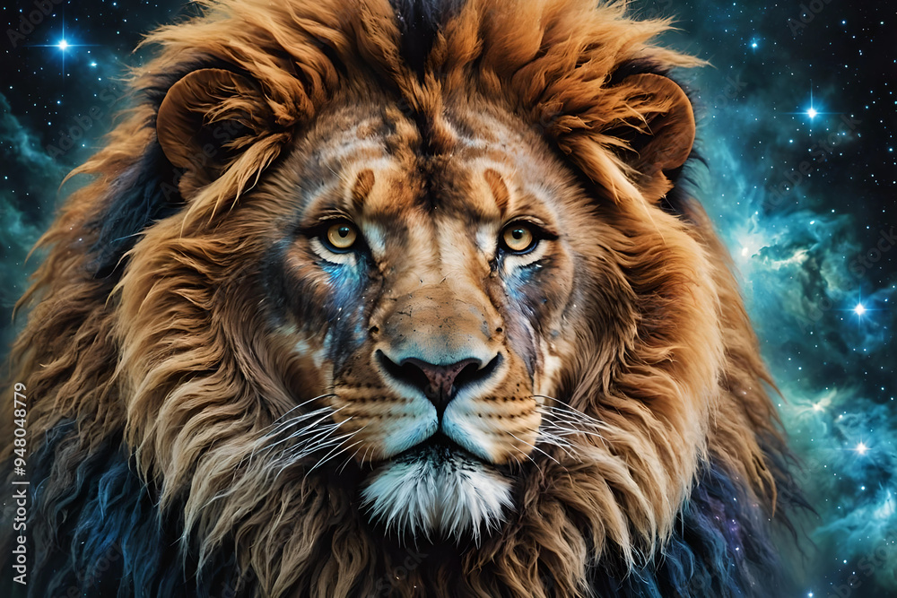 Naklejka premium Lion head over colourful nebulas and starry night sky. Concept of a totem animal, powerful Universe, ancient believes and mythology. Amazing digital illustration. CG Artwork Background