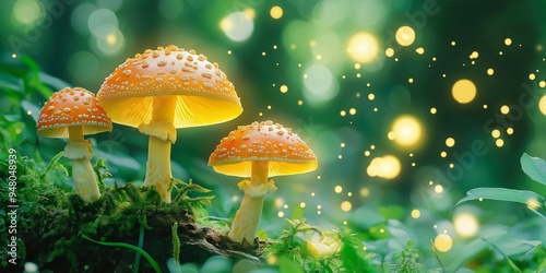 Three vibrant orange mushrooms with dotted caps glow softly amidst a blurred green background with sparkling light effects