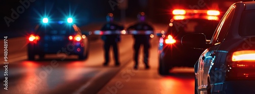 Police officers blocking a road during a nighttime incident with flashing lights from multiple patrol cars. The image captures the urgency and seriousness of the situation.
