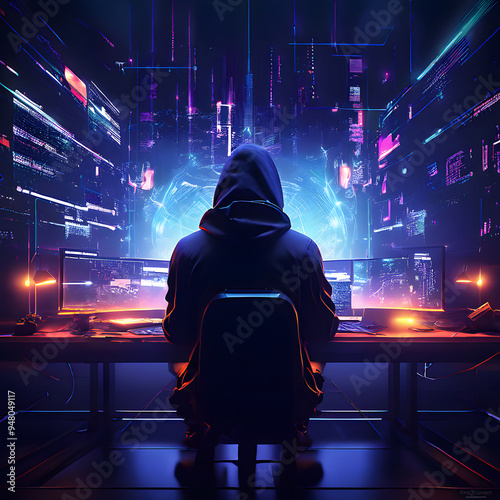 A minimalistic yet technical futuristic hacker concept, with a black background dominating and crafted with glowing elements