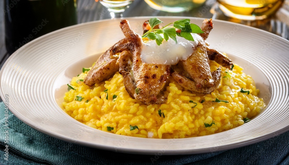 Fried frog legs on saffron risotto with champagne foam Fried frog legs on saffron risotto with champagne foam