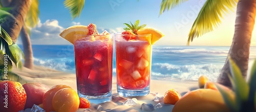 Refreshing Summer Cocktails with Fruit and Ice on a Beach photo