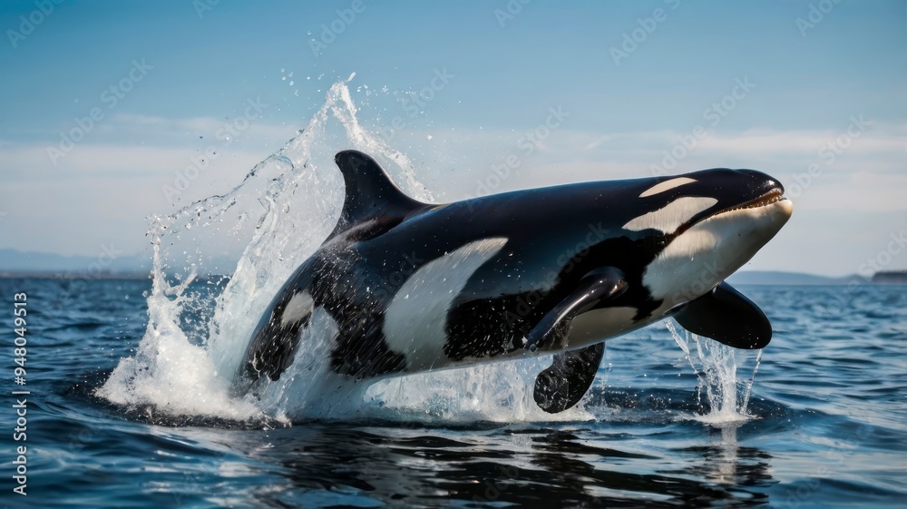 Fototapeta premium Leaping orca with water splash, transparent background