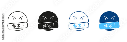 Angry Swearing Emoticon Line and Silhouette Icon Set. Customer Negative Emotion Pictogram. Bad Feedback Symbol. Rude And Mad Emoji. Editable Stroke. Isolated Vector Illustration