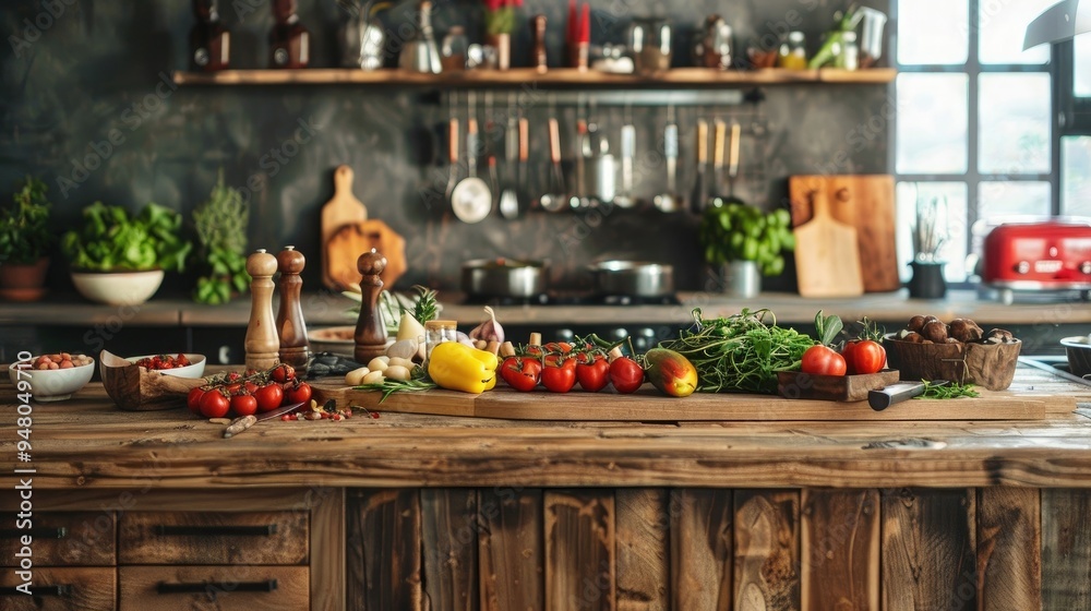 Italian Chef's Kitchen: Elegant wooden island with cooking utensils and fresh ingredients, highlighting a passionate Italian chef at work. Italian Chef's Kitchen: Elegant wooden island with cooking utensils and fresh ingredients, highlighting a passionate Italian chef at work.