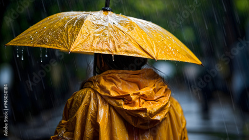 A person in a yellow raincoat and umbrella stands in the rain, creating a vibrant contrast against the gloomy weather.
