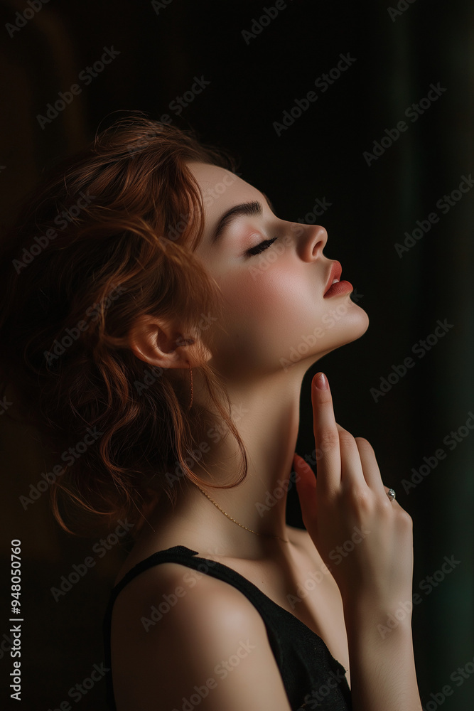 Side profile of a woman touching her chin. Studio beauty photography for skincare and cosmetic advertisement. Side profile of a woman touching her chin. Studio beauty photography for skincare and cosmetic advertisement.