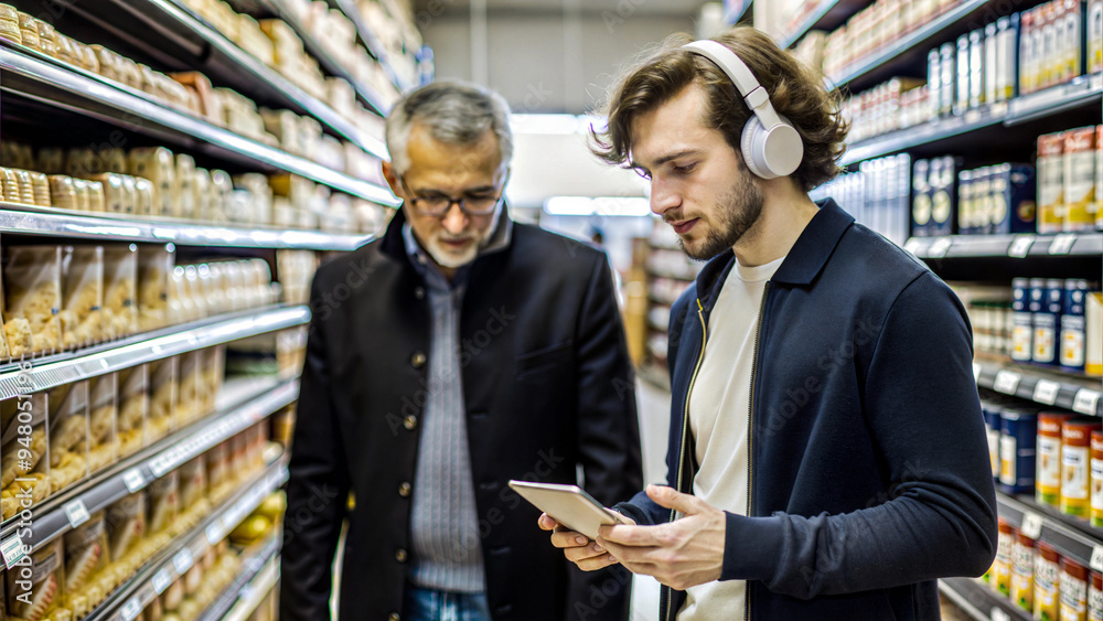Young man using a smartphone while shopping with an older man in a grocery store aisle Young man using a smartphone while shopping with an older man in a grocery store aisle