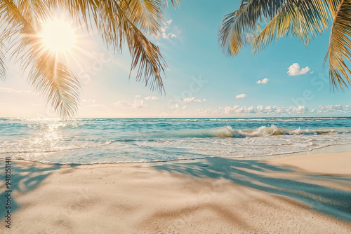 Fototapeta Naklejka Na Ścianę i Meble -  Sunlit tropical beach with palm trees framing the ocean and waves on the sandy shore. Summer vacation and travel concept