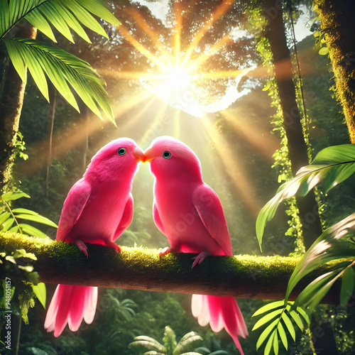 A photo of two pink lovebirds kissing on a tree branch on a sunny day in a tropical rainforest, with the vibrant birds perched closely together
