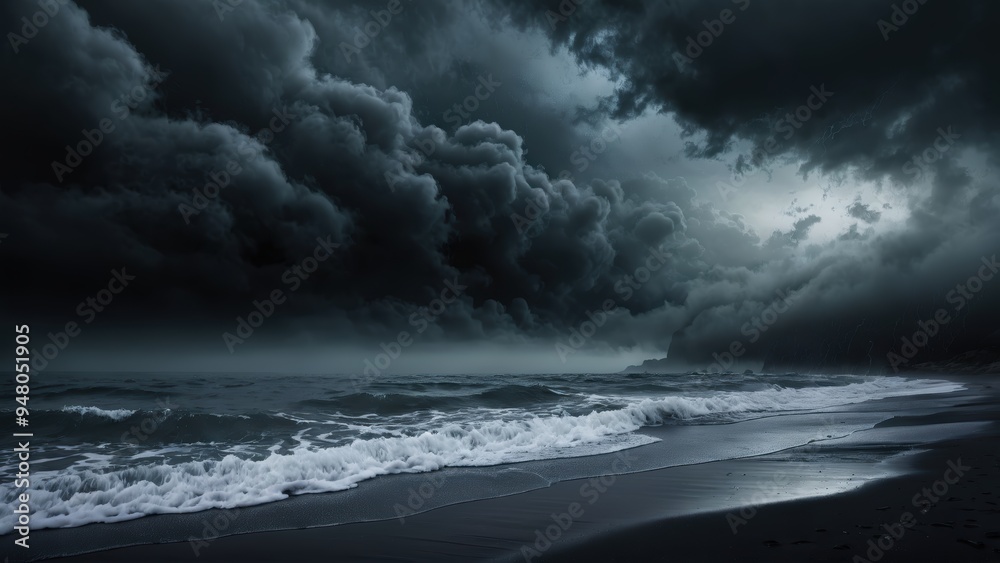 Fototapeta premium Stormy skies loom over a wild beach at dusk, waves crashing ashore background